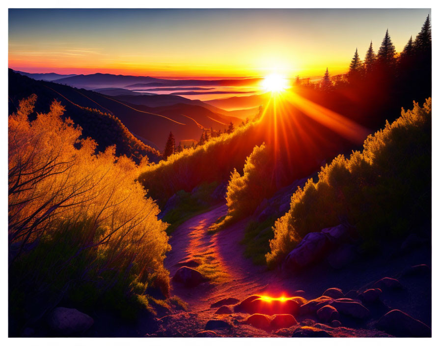 Mountainous landscape sunset view with illuminated trail and colorful sky