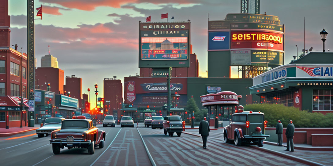 Classic Cars and Pedestrians in City Street Sunset Scene