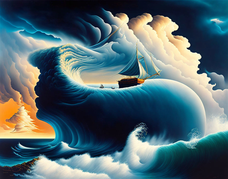 Surreal painting: ship on massive spiral wave under dramatic sky