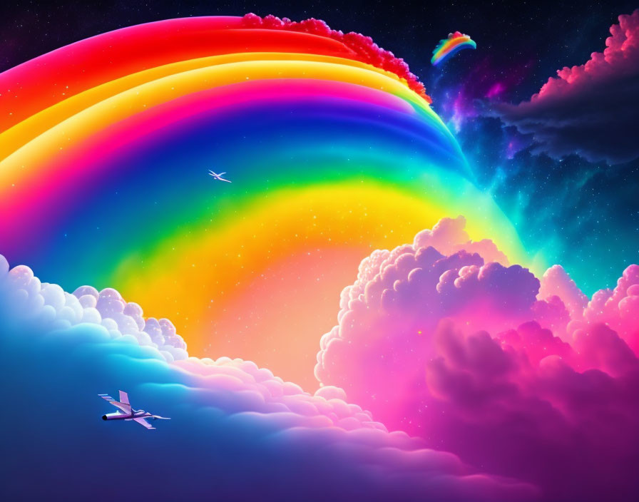 Colorful rainbow over twilight sky with airplanes in digital art