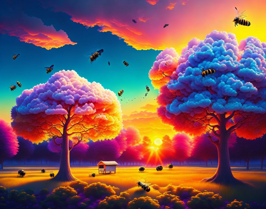 Colorful Landscape with Purple and Pink Trees, Bees, Hive, and Sunset