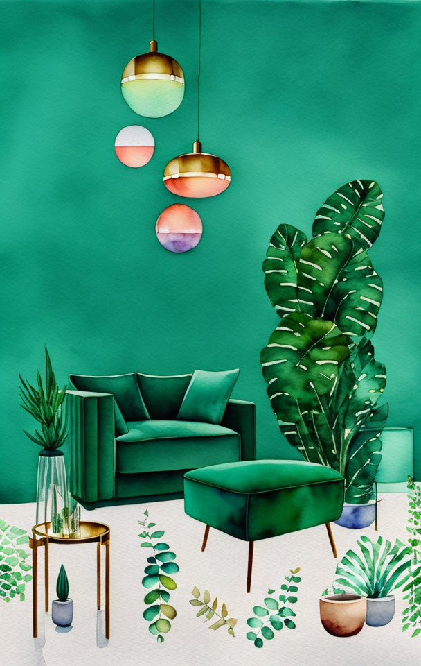 Colorful Watercolor Illustration of Cozy Interior with Green Sofa