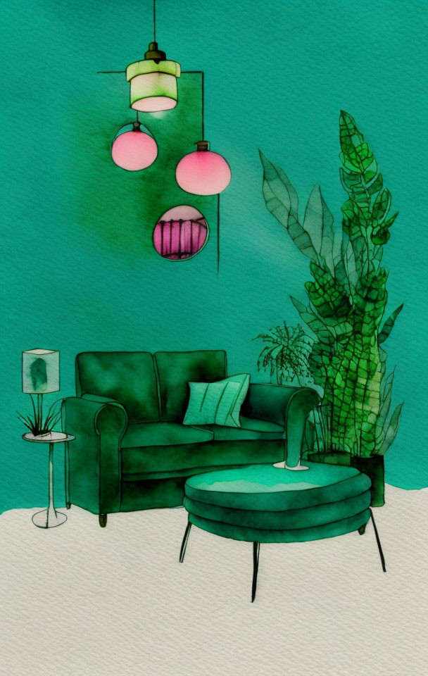 Stylish Interior Illustration: Green Sofa, Ottoman, Plants & Hanging Lamps