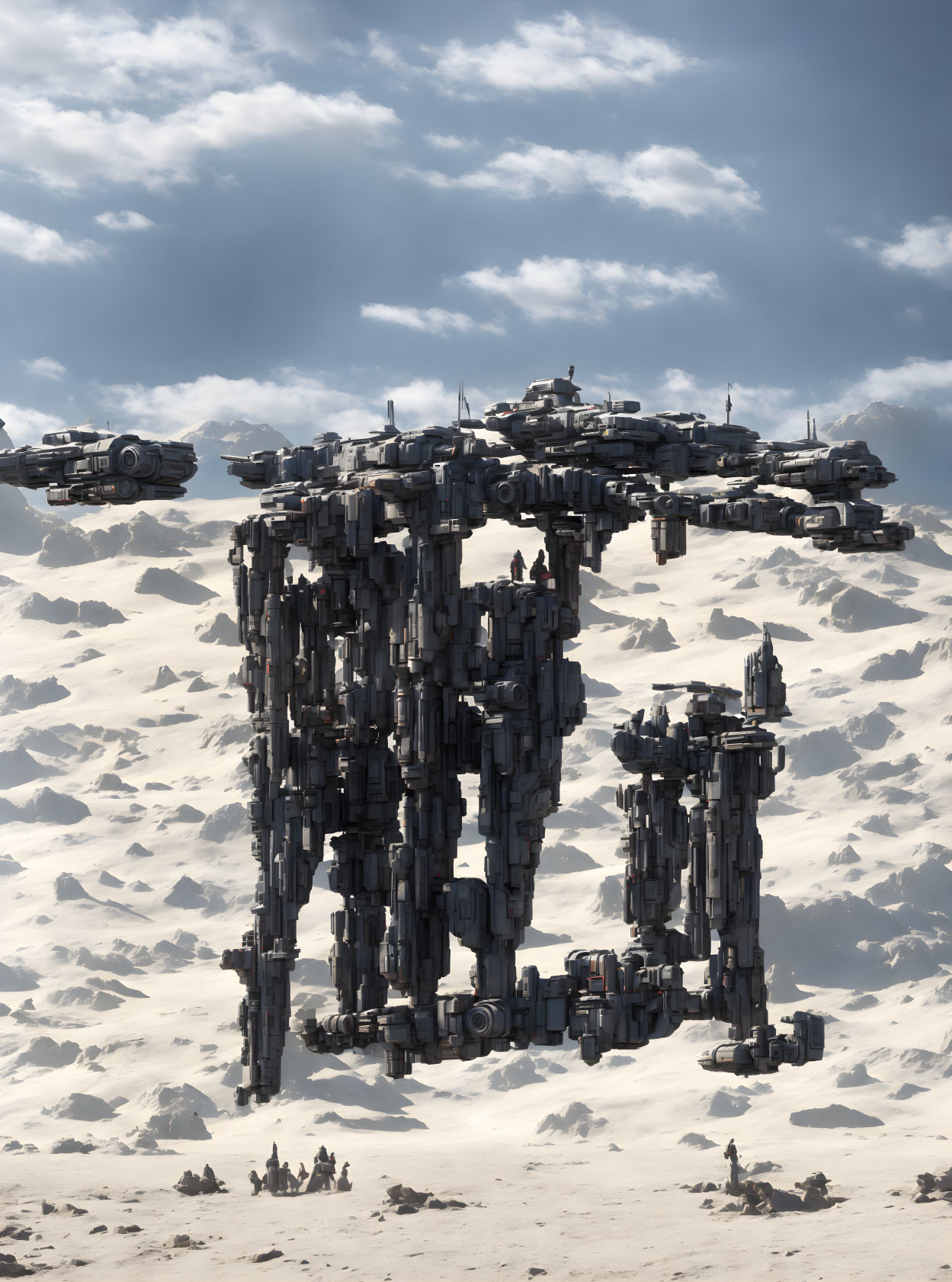 Armored vehicles stacked in desert with cloudy sky and onlookers