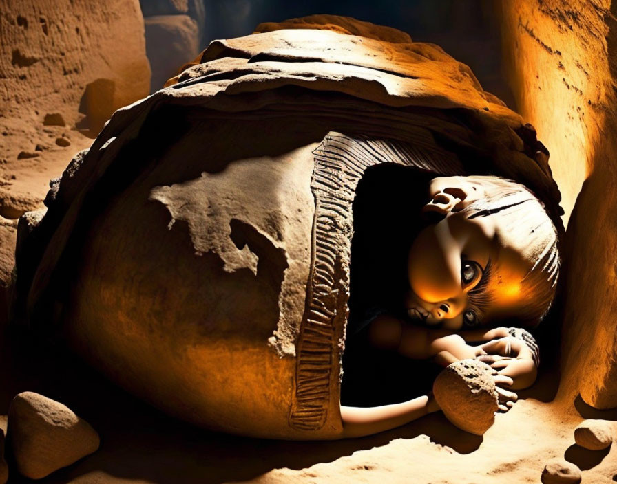 Surreal image of baby with expressive eyes in ancient clay jar