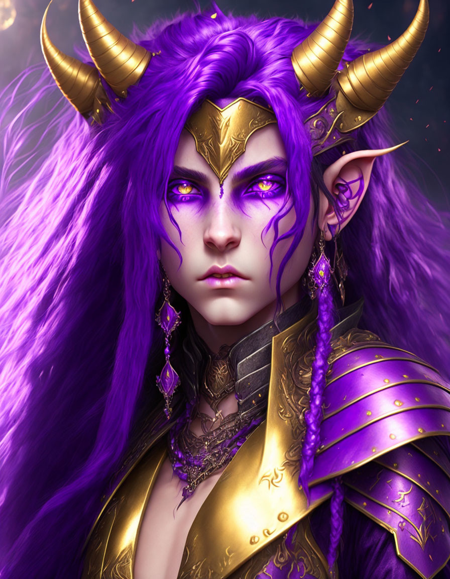 Fantasy character with purple skin, golden armor, horns, and violet hair