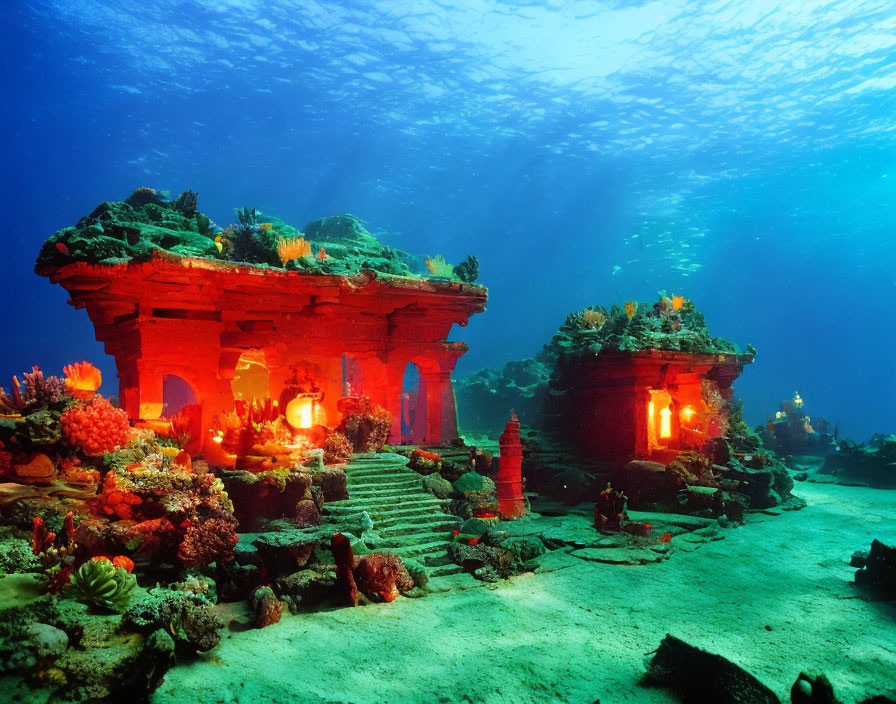 Underwater scene with artificial ruins, colorful corals, and marine life illuminated by sunlight