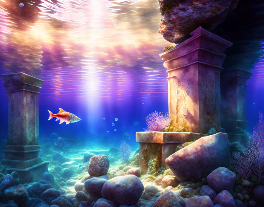 Colorful Fish and Ancient Columns in Vibrant Underwater Scene