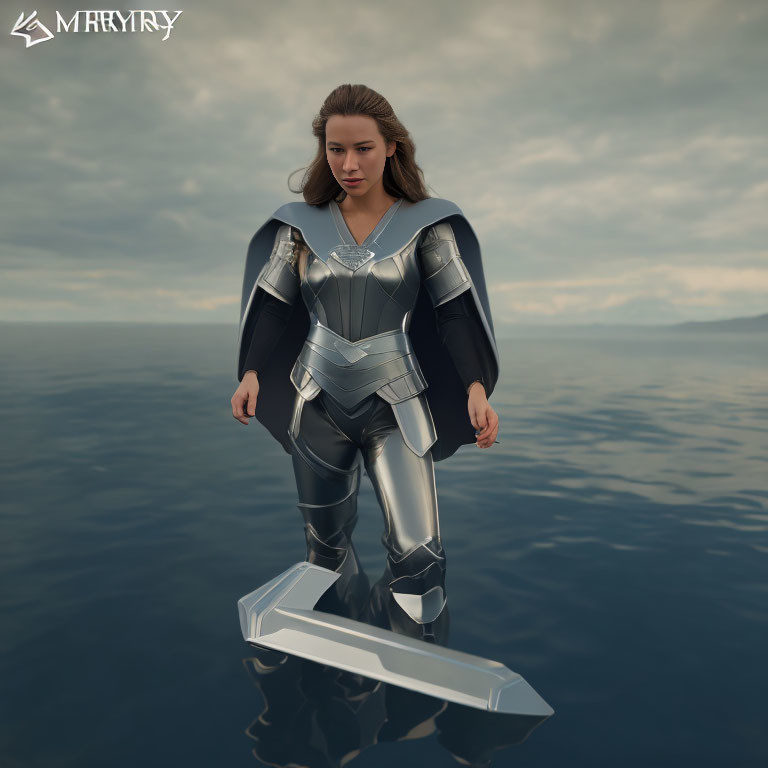 Futuristic armor woman on reflective surface with ocean and clouds