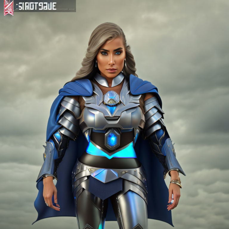 Female warrior in blue and silver armor with glowing gem, set against stormy sky