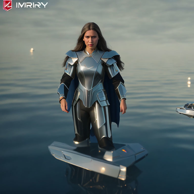 Futuristic armor woman on floating platform above water