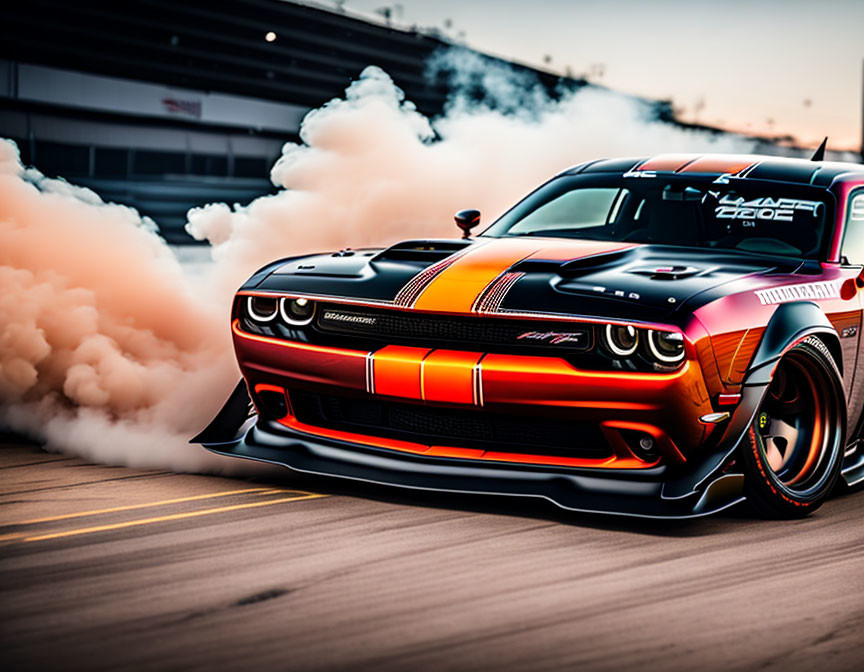 Red and Black Dodge Challenger Burnout with Racing Stripes on Asphalt Road