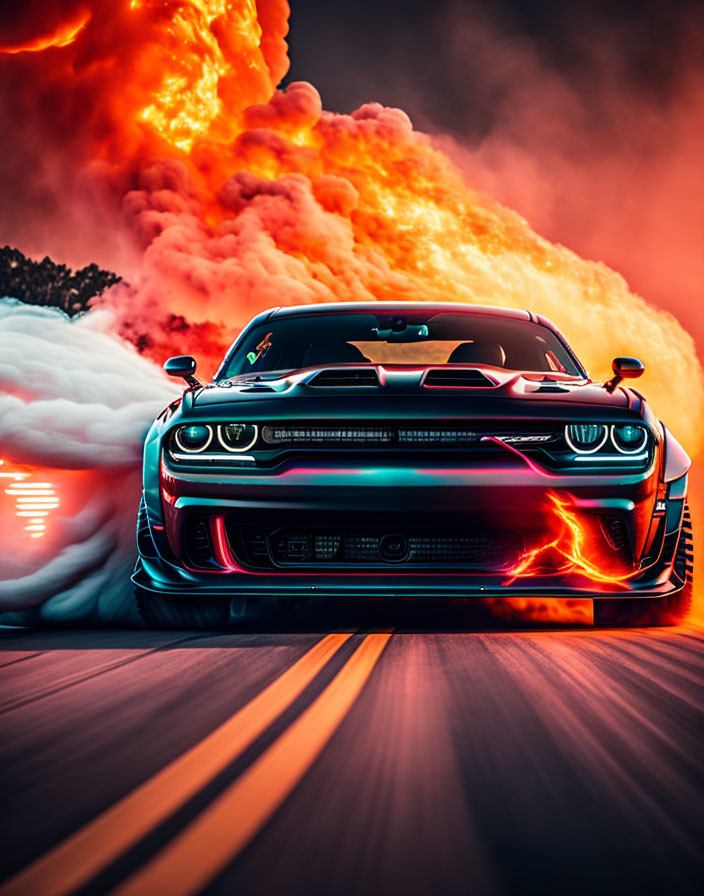 Muscle car in motion with fiery orange explosion and smoke.