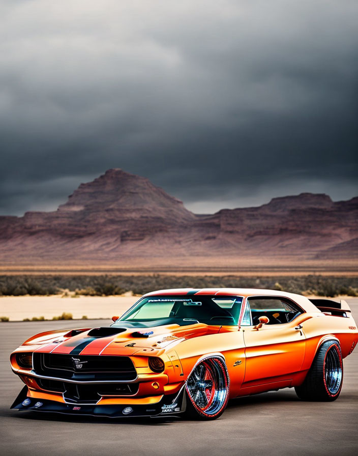 Classic Muscle Car with Racing Stripes in Desert Landscape