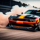 Red and Black Dodge Challenger Burnout with Racing Stripes on Asphalt Road