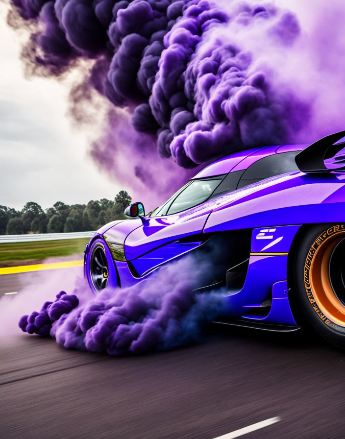 Purple sports car burns out on asphalt road emitting intense purple smoke