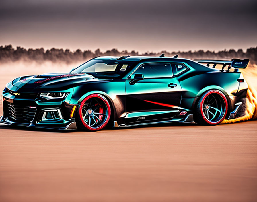 Customized Camaro with Matte Black & Teal Paint, Red Accented Wheels, Flames from Exhaust