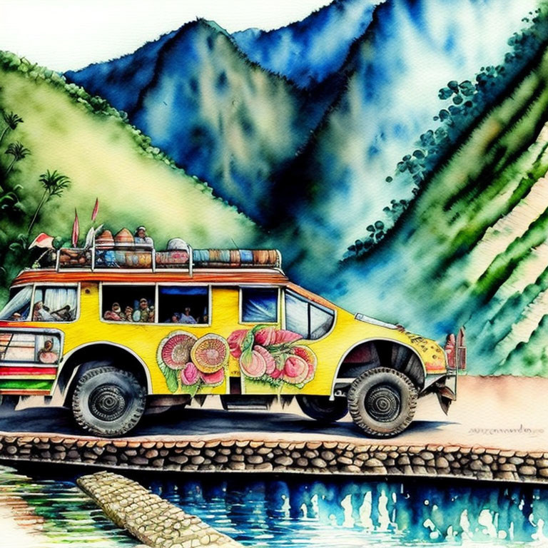 Vibrant Yellow Bus with Floral Designs in Mountainous Landscape