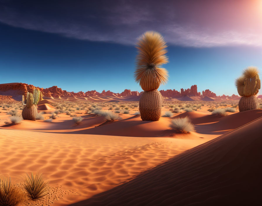 Surreal desert landscape with fluffy plant-like structures and sunset sky