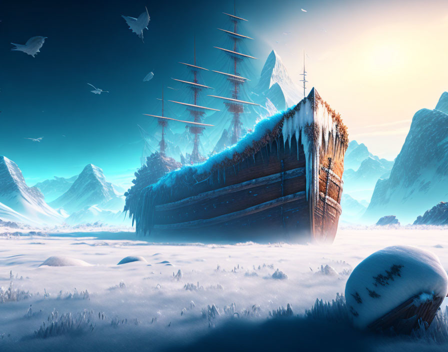 Snow-covered shipwreck in frozen landscape with icy peaks and birds under blue sky