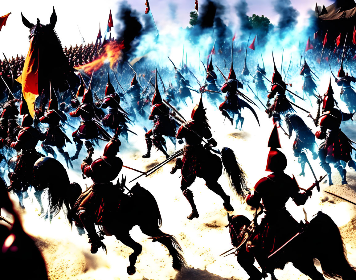 Silhouetted knights on horseback in medieval battlefield with flags