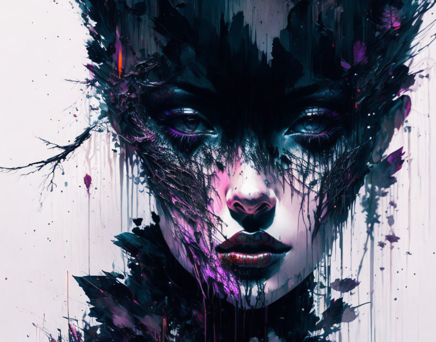 Digital art: Woman's face with dark eye makeup, black and purple splatters.