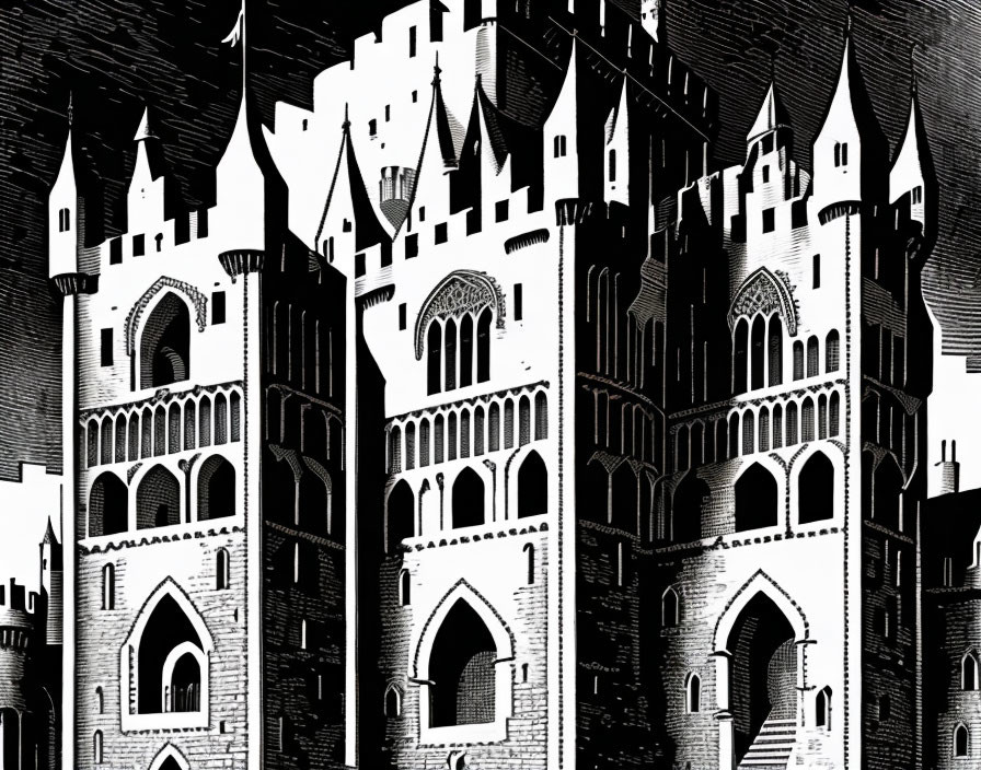 Detailed black and white gothic castle illustration.