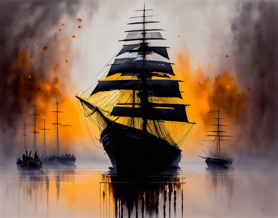 Sailing ships painting: large vessel in warm light against fiery backdrop