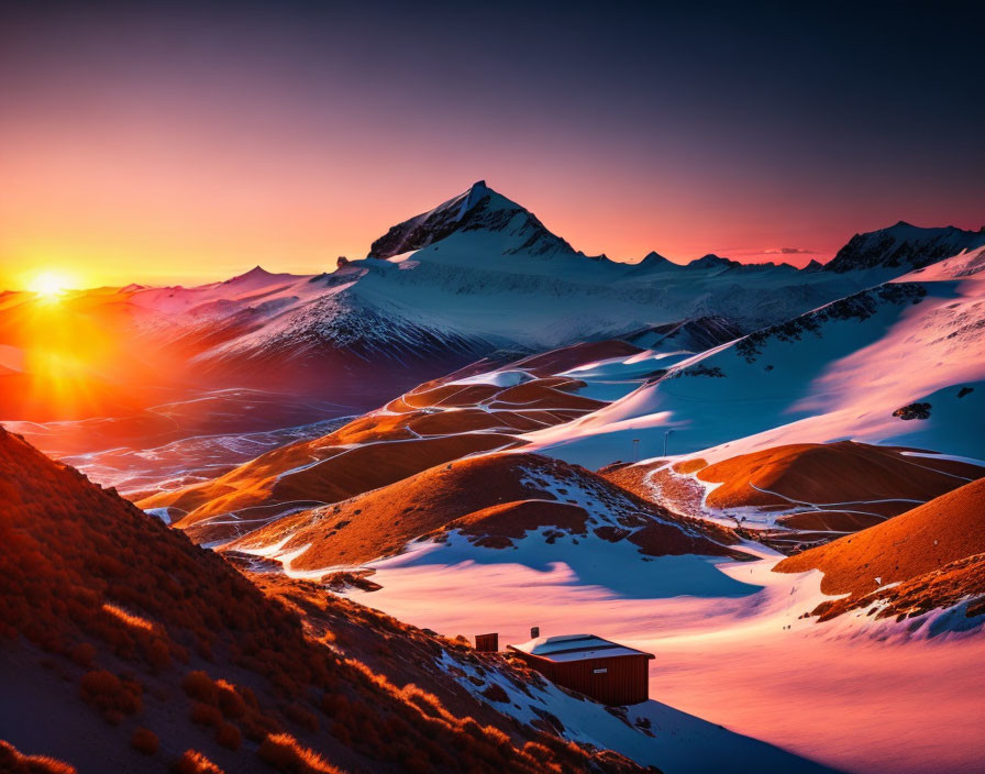 Snow-covered mountain at sunrise with vivid orange sky and shadows on undulating terrain