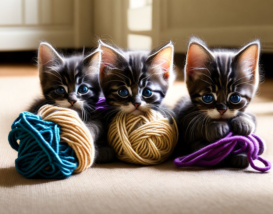 Three Kittens with Blue Eyes and Yarn Balls on Floor