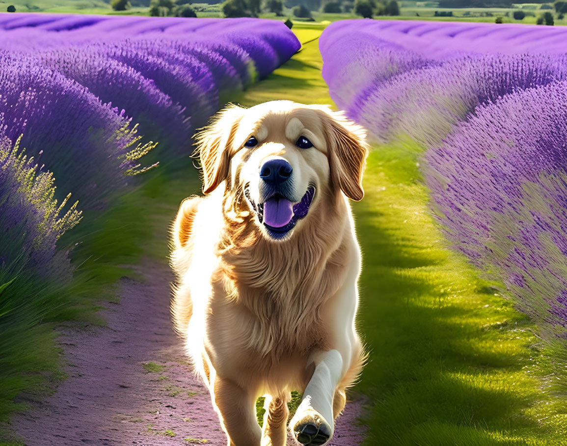 Golden Retriever Running in Lavender Field on Sunny Day