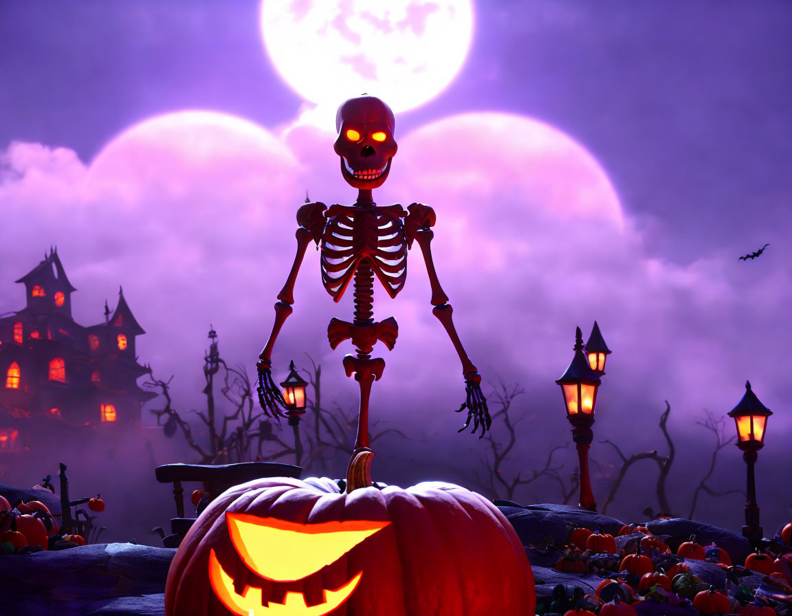 Glowing skeleton on pumpkin under full moon with spooky house and bats - Halloween scene