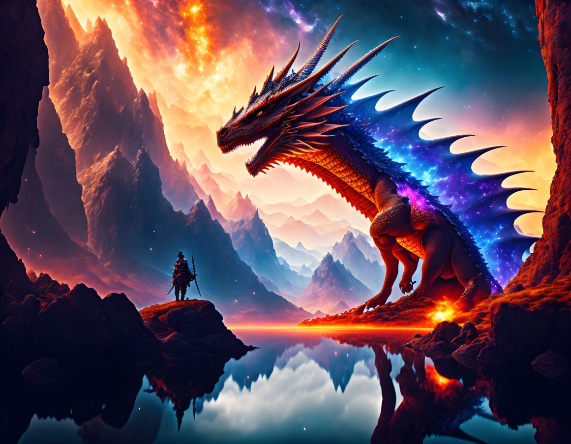 Knight and dragon confrontation in fantasy landscape with dramatic sky and serene lake.