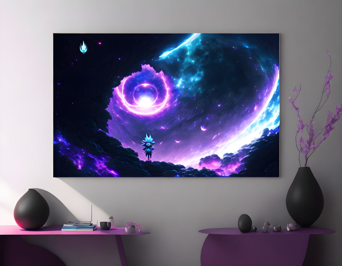 Colorful swirling galaxy wall art in modern room