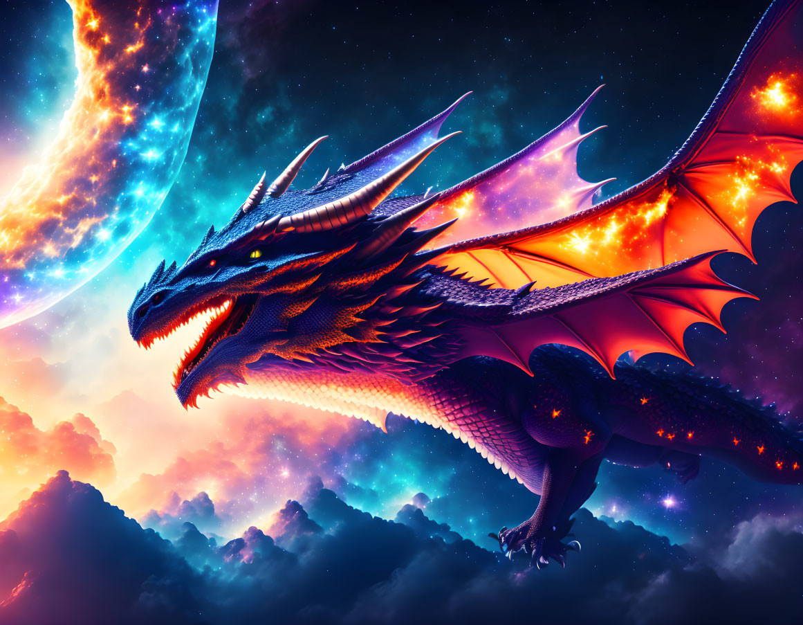 Majestic dragon with glowing eyes in cosmic scene