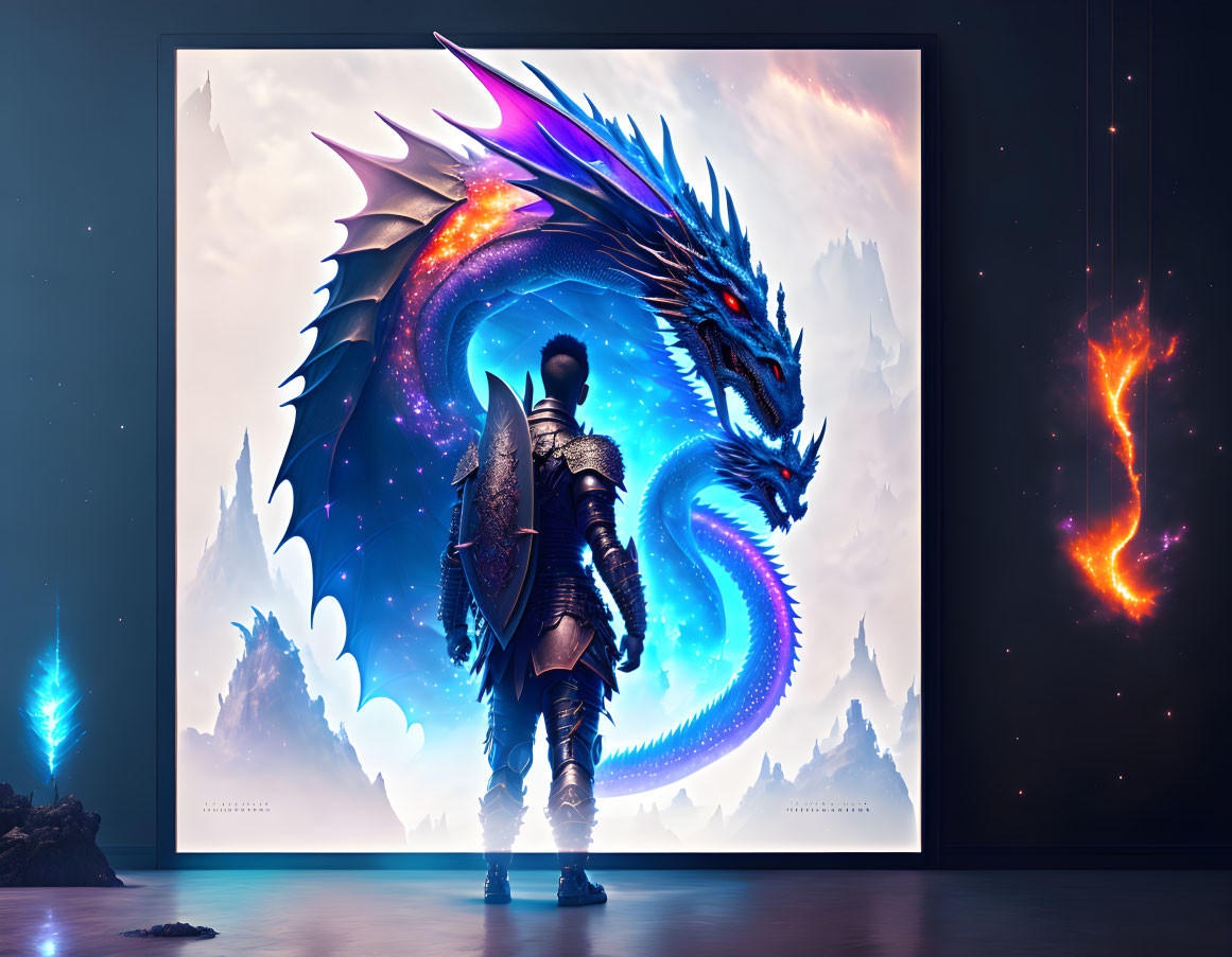 Armored figure facing fantastical dragon in glowing frame with blue lighting.