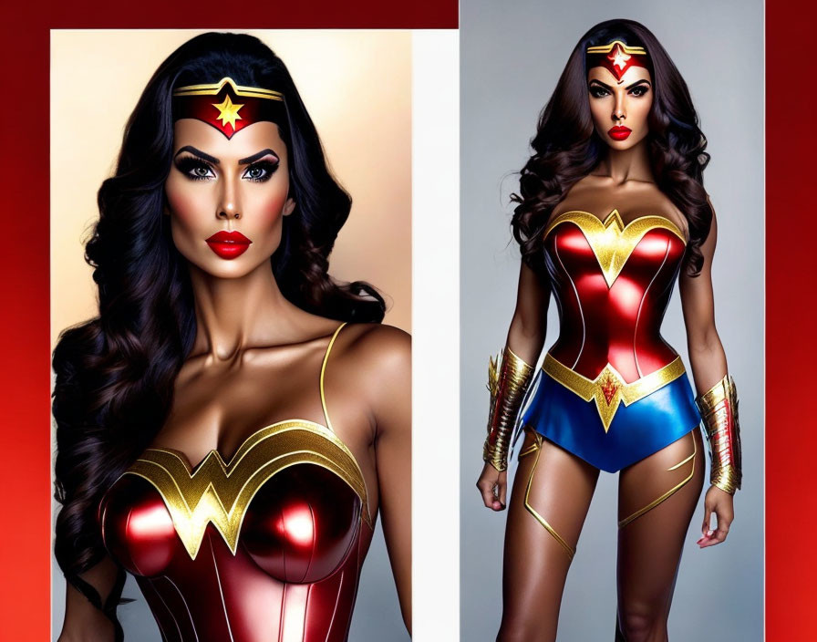 Woman in Wonder Woman costume against red background - illustration and photo