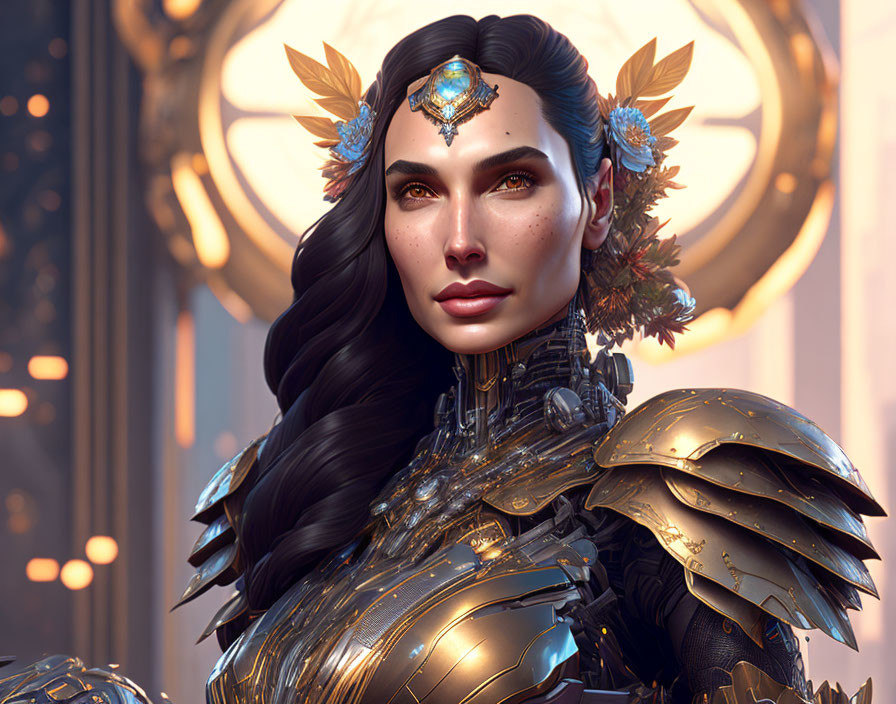 Digital artwork: Woman with dark hair, golden armor, and glowing elements on warm backdrop