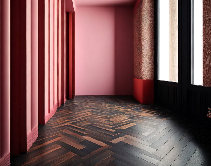 Pink-walled room with dark wooden floor and large window.