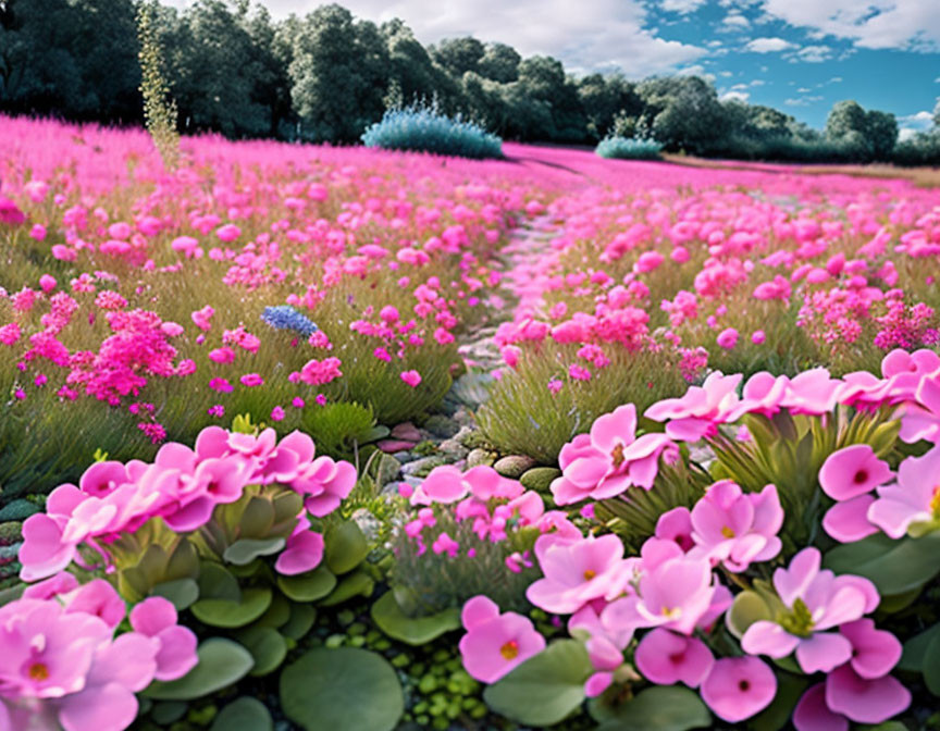 Lush Pink Flower Field with Trees and Footpath