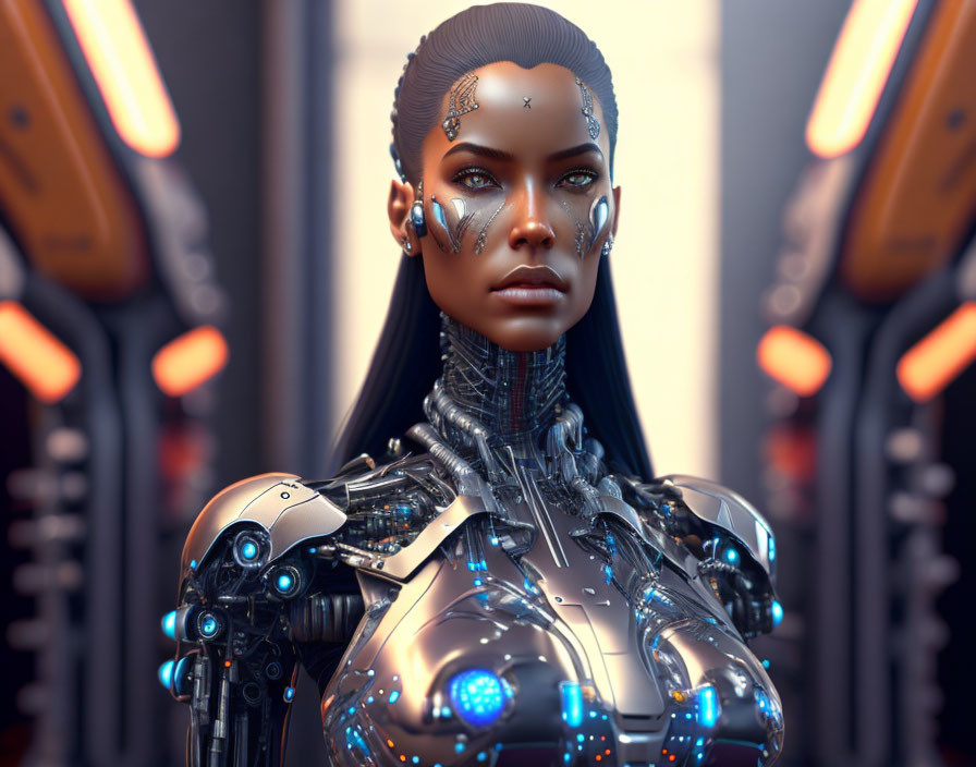 Detailed female android with human-like face and cybernetic body in futuristic setting