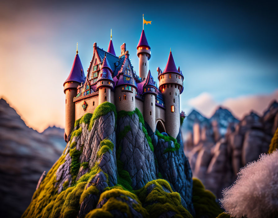 Purple-roofed fairytale castle on craggy hill amidst mountain peaks at twilight