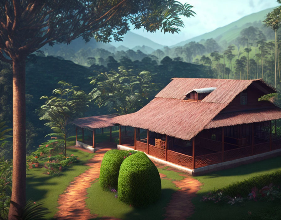 Traditional Wooden House in Lush Greenery with Rolling Hills