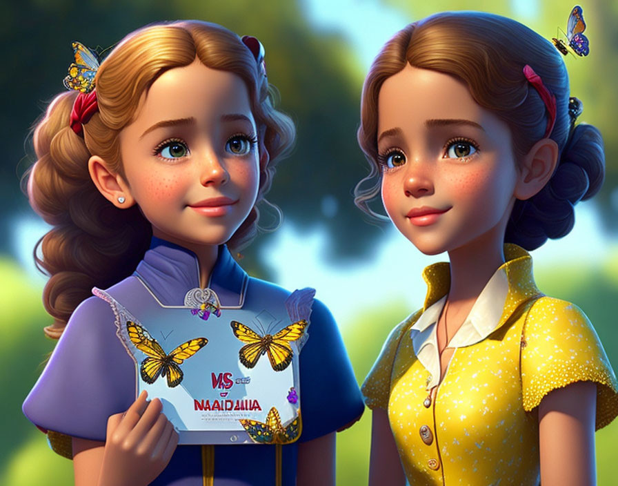 Detailed facial expressions: Two animated girls outdoors with butterflies, one holding butterfly envelope