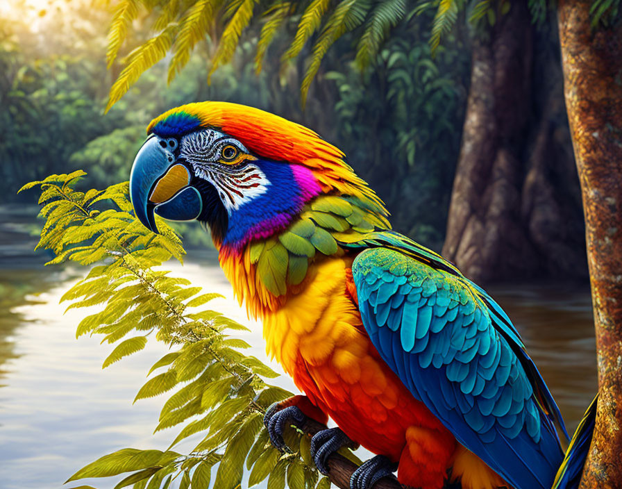 Colorful Macaw Perched on Branch in Sunlit Forest