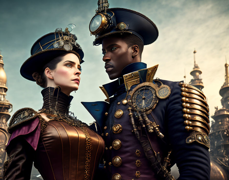 Man and woman in elaborate steampunk attire against fantastical spired backdrop