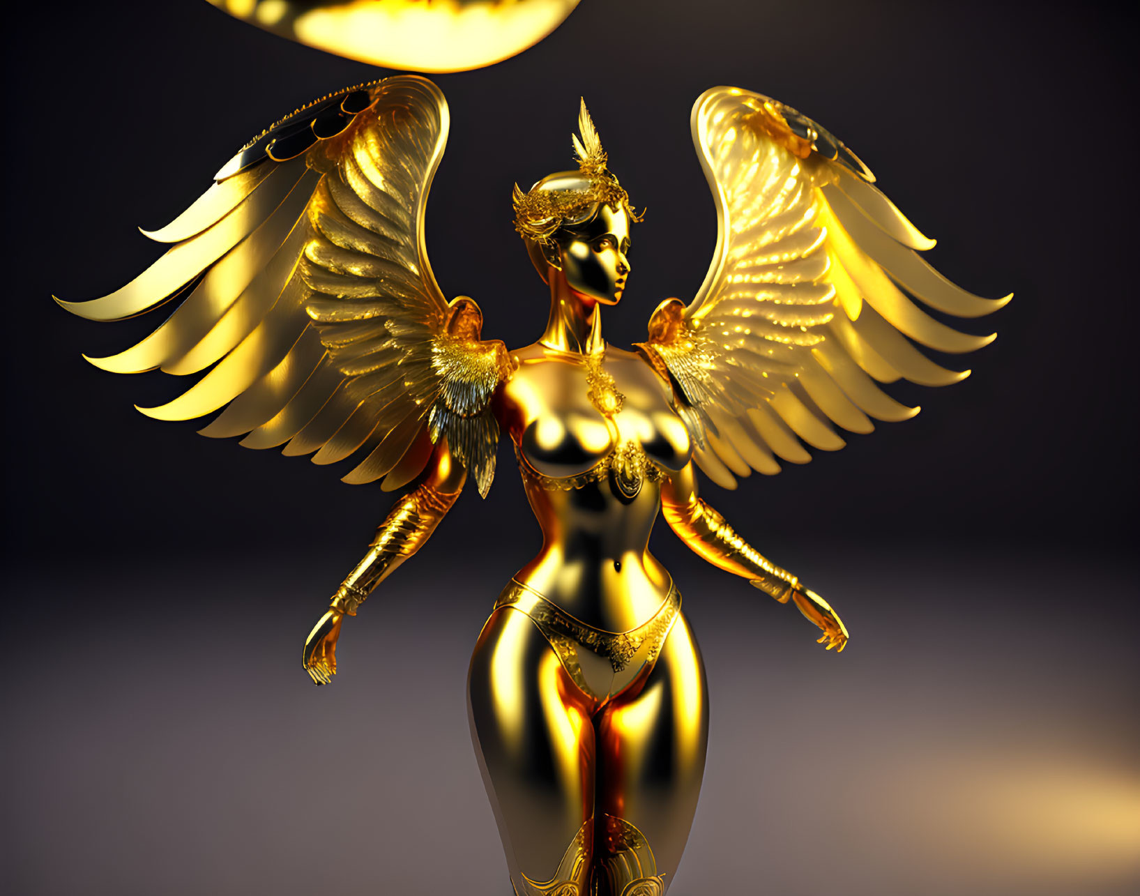 Intricately designed golden winged female statue on dark background