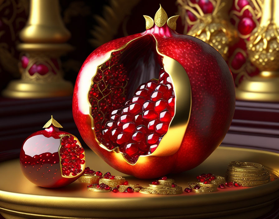 Opulent pomegranate with gold coins and jewelry on luxurious backdrop