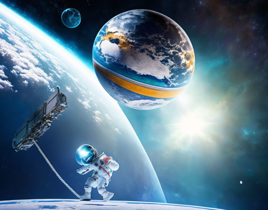 Astronaut spacewalk with satellite and planets in space