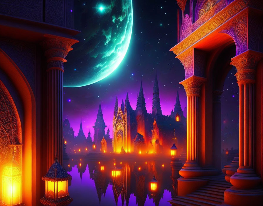 Fantasy palace night scene with glowing lantern, moon, stars, and water reflection